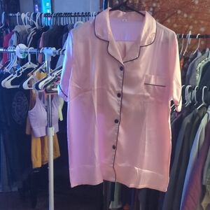 Elegant Pink Satin Pajama Top with Black Accents These Are Brand New Without Tag